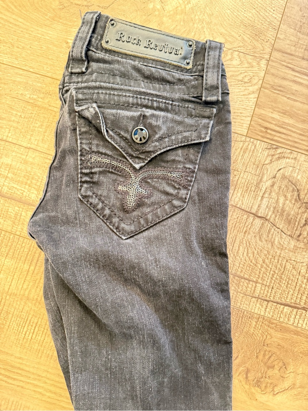 Rock Revival Women’s Washed Black Slim Jeans with Embellished Back Pocket